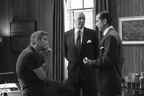 Director George Clooney on the set of Good Night, And Good Luck. with Frank Langella and David Strathairn